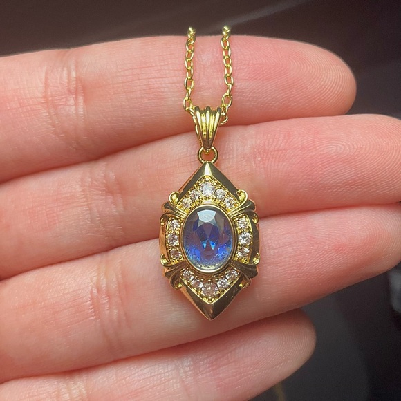 Art Deco Necklace Sapphire Blue Crystal Pendant Gold Amulet CZ Crystal Evil Eye - Picture 4 of 6